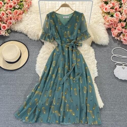 Summer new floral lace Dress V-neck temperament commuter chiffon woman dress Short sleeve dresses for women 2021