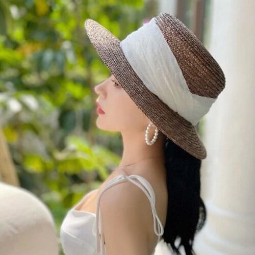 202104-panshi-zongkashe new summer Handmade brown straw ribbon beach lady fedoras cap women panama jazz hat