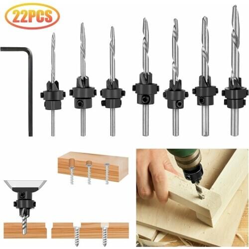 22pcs Woodworking Drill Tool Tapered Drill Bits Countersinks Adjustable Stop Collars Plus Hex Key Wood Scew