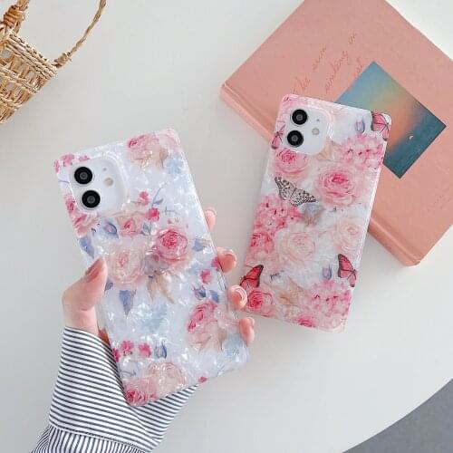 Hibiscus Flowers Butterfly Shell Pattern Square Women Phone Case for iPhone 13 12 11 Pro Max XS XR 8 Plus Clear Protective Cover