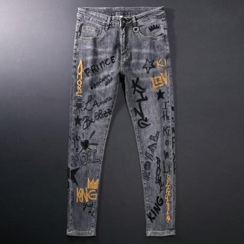 American Street Fashion Men Jeans Retro Gray Elastic Slim Fit Printed Jeans Men Embroidery Designer Hip Hop Denim Punk Pants