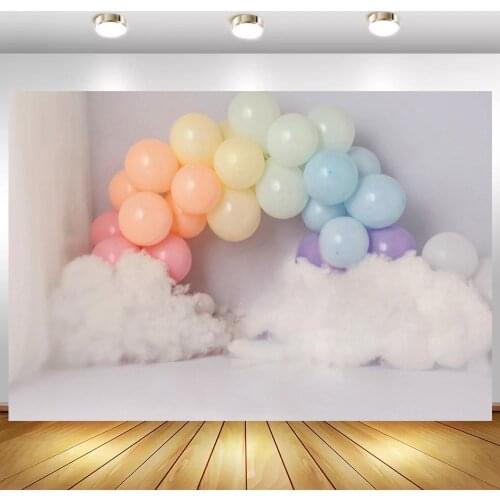 Newborn Baby Shower Photo Backgrounds White Clouds Brick Wall Corner Arched Balloons Door Kids First Birthday Party Backdrops