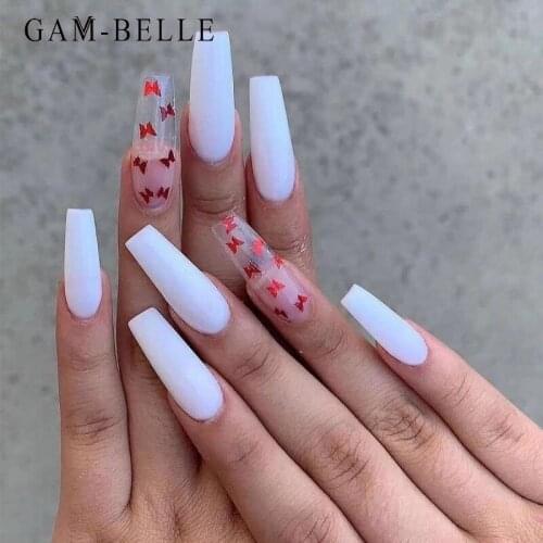 GAM-BELLE White Fake Nails Coffin With Red Holo Butterfly French Full Detachable Artificial False Nails Extension Tips Manicure