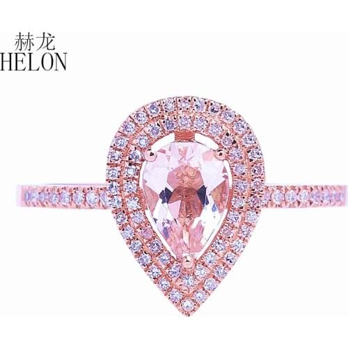 HELON Solid 14k Rose Gold 5x7mm Pear cut Genuine Morganite Diamonds Engagement Wedding Ring Women Fine Jewelry Diamond Ring