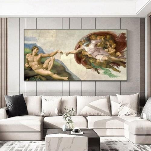 Famous Fresco Of Michelangelo Creation Of Adam Art Canvas Print Painting Wall Picture Living Room Home Decoration Poster