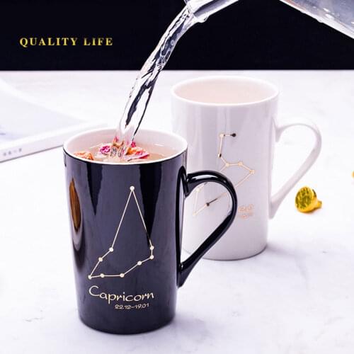 Contellation Ceramic Mug with Lid Spoon Coffee Cup 12 Astrological Signs Black Unique Gift SAL99