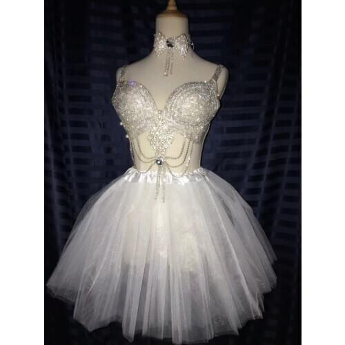 White Skirt Sparkly glass Diamond Bikini sets Bar women Costume Nightclub DJ singer Dancer Modern dancing stage costumes