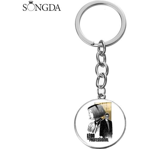 Leon The Professional Killer Keychain Matilda and Leon 3D Print Glass Gem Metal Alloy Key Ring Chain Movie Fans Souvenirs