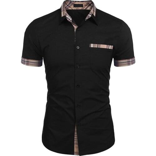 Black Shirts Men Plaid Patchwork Casual Short Sleeve Mens Shirt Spring Autumn Business Work Chemise Homme Wedding Dress Camisas