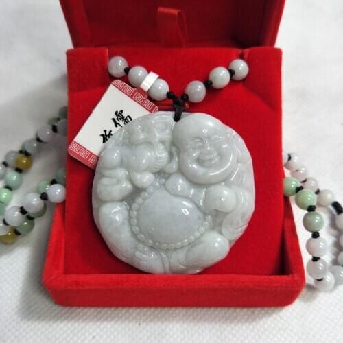 Send Certificate Natural Myanmar Jadeite Carving Lucky Beast Laughing Buddha Pendant Three-color Jade Bead Necklace Gift Box