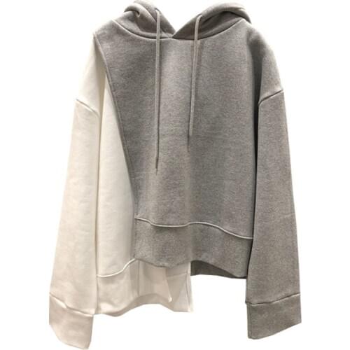 Pullover Hooded Sweatshirts Tops 2021 Autumn Fashion Female Casual Minimalist Long-Sleeved Asymmetrical Patchwork