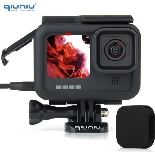 QIUNIU For GoPro Hero 9 Black Protective Frame Housing Case with Charging Port + Lens Cover Cap for Go Pro Hero9 Accessory