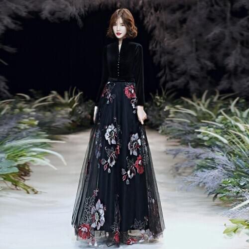 Luxury Velour Floral Print Evening Dresses 2020 Long Sleeve Fashion Evening Gowns Real Photo