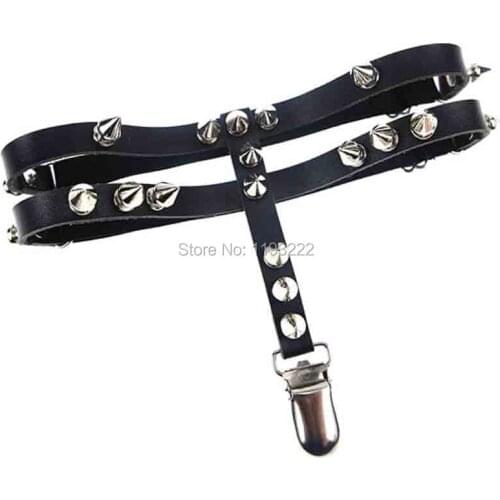 Sexy Punk Rock Gothic Harajuku Handmade Multi Spikes Spiked Double Straps Leather Leg Garter Belt Suspender Loop