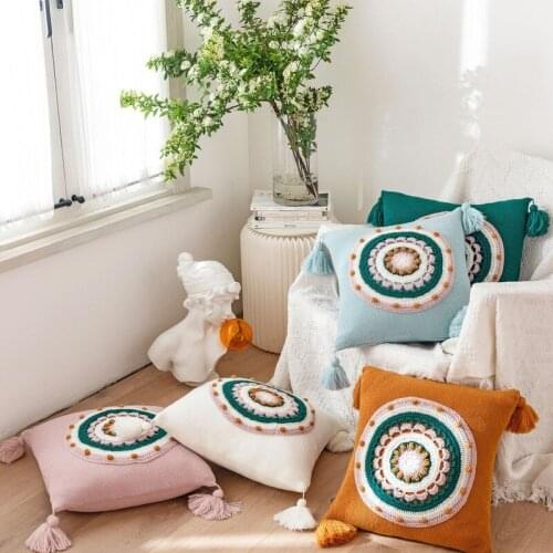 Knitted Cushion Cover Solid Pink Beige Grey Nordic Style Pillow Case With Tassle For Sofa Bed Room Home Decorative 45*45cm
