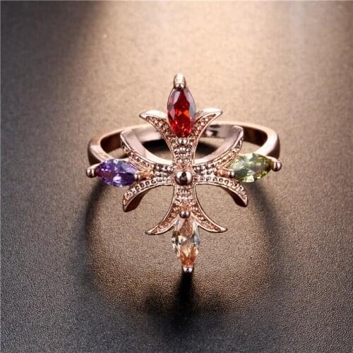 YJGS 2 Size Shiny Cubic Zircon Rings Rose Gold Female Everyday Fashion Colorful Ring Flower Shape Rhinestone Ring Gifts Jewelry