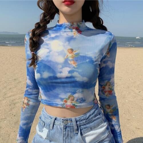 Women T-shirts Transparent Top Long Sleeve Sexy Perspective Mesh Shirts Printing T Shirt Women Clothing Tee Shirt Femme