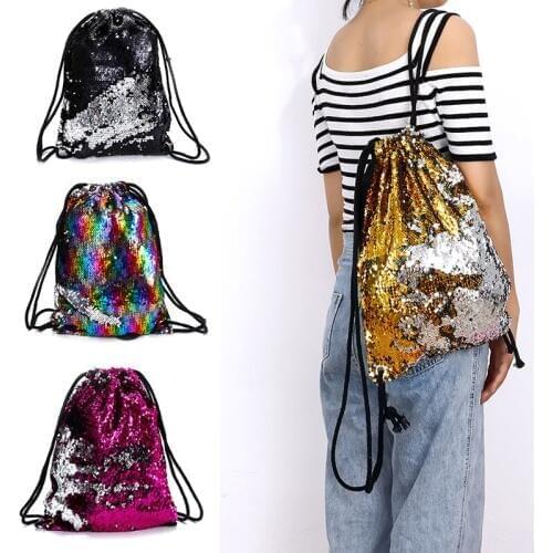 Women Colorful Sequin Drawstring Backpack Girl New Fashion Mermaid Beach Bag Student Preppy Style Glittering School Bag Mochila