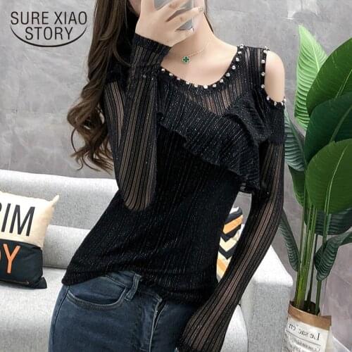 Blusas mujer de moda 2019 womens tops and blouses Rivet Lace long sleeve mesh shirt off shoulder top plus size women 6246 50