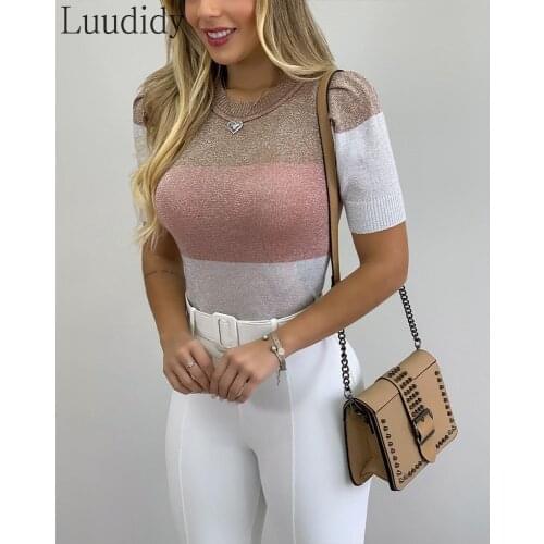 Women Sexy Colorblock Glitter Puff Sleeve Rib-knit Top