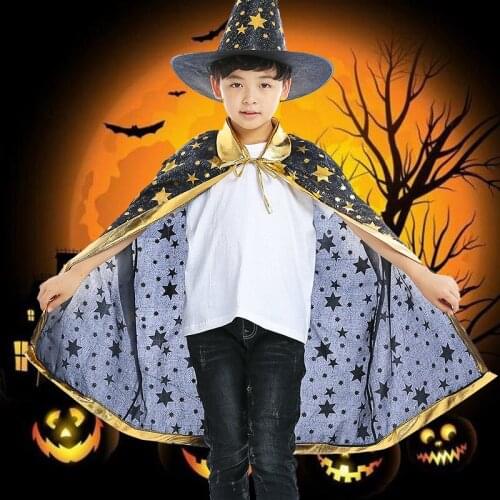 1pc Halloween Costume Satin Bronzing Cape with Hat for Kids Boys Wizard and Girls Witch Cosplay Halloween Party
