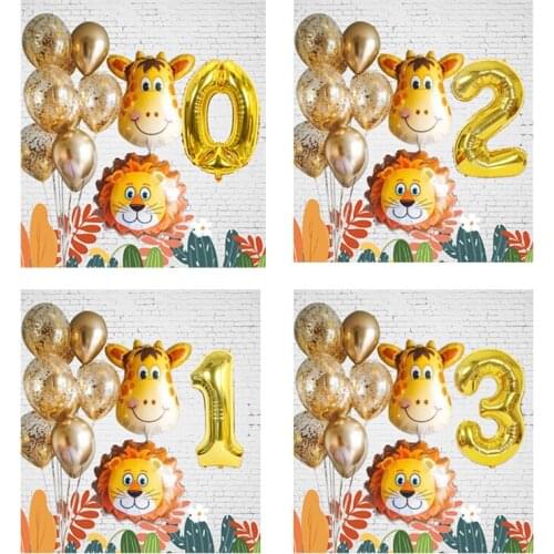 10pcs Gold 0-9 32inch Number Foil Balloons Gold Latex Confetti Animal Head Balls Jungle Theme Birthday Party Baby Shower Decoras