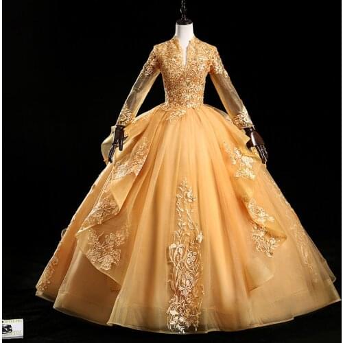 2021 Elegant High Collar V Neck Wedding Dress Embroidery Appliques Beads Ball Gown For Wedding Party Vintage Robe De Mariage