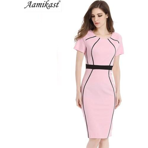Aamikast Women Elegant Autumn Colorblock Contrast Patchwork Short Sleeve Slim Tunic Wear to Work Office Business Bodycon Dress