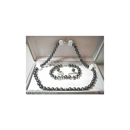 Free shipping $wholesale_jewelry_wig$ Natural 7-8mm black pearl necklace&bracelet&earring jewelry set