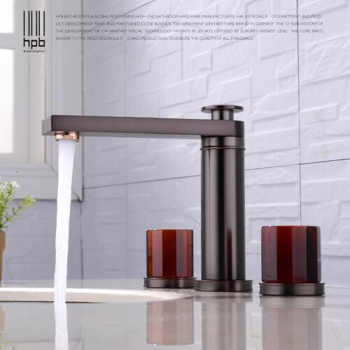 HPB Retro Style Brass Widespread Bathroom Basin Faucet Oil Rubber Bronze Sink Mixer Agate Handle 360 Degree Rotation H3202