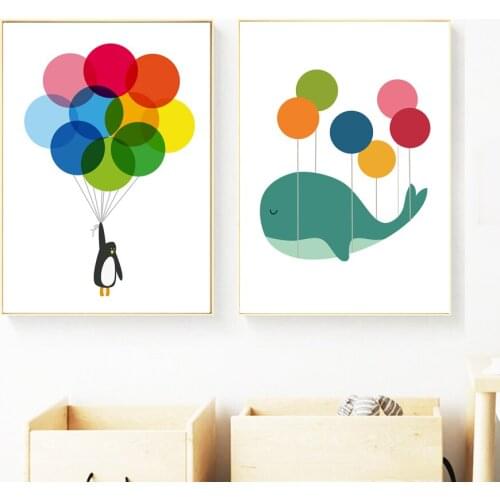Canvas Painting Cartoon Whale Penguin Balloon Animal Wall Art Nordic Posters and Prints Wall Pictures Kids Room Nursery Decor