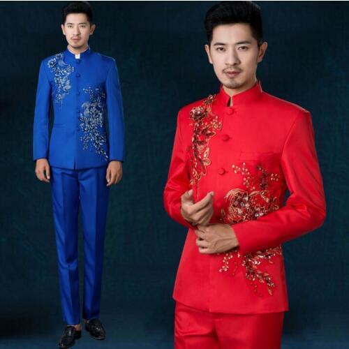 Singer dance stage clothing for men sequins suit set with pants 2020 mens wedding suits costume groom formal dress stand collar
