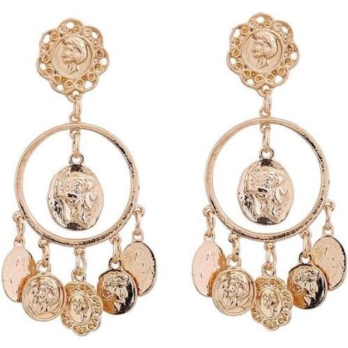 Fashion retro vintage metal coin tassel pendants earring for women trendy baroque long earring jewelry bijoux femme