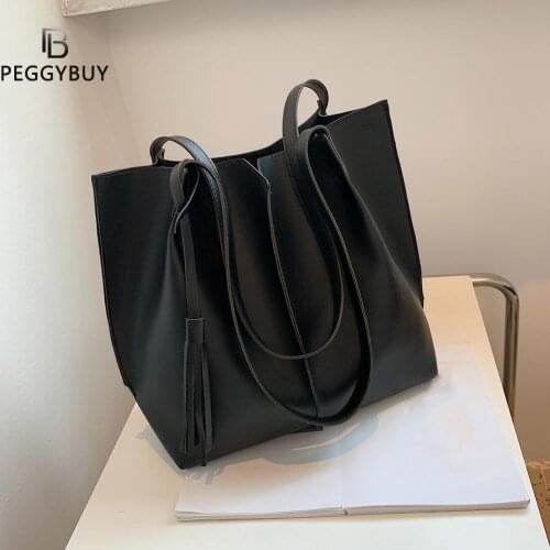 Fashion Women PU Shoulder Bags Solid Color Tassel And Pleated Handbags Large Size All-match Simple Tote Bags