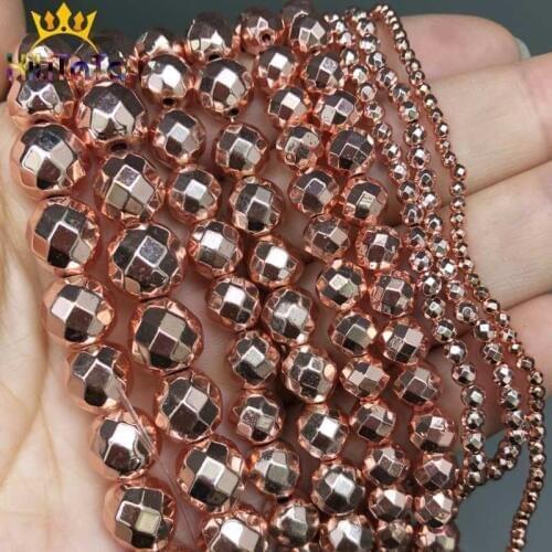 Natural Faceted Rose Gold Hematite Beads Round Loose Stone Beads For Jewelry Making DIY Bracelet Accessories 2/3/4/6/8/10mm 15