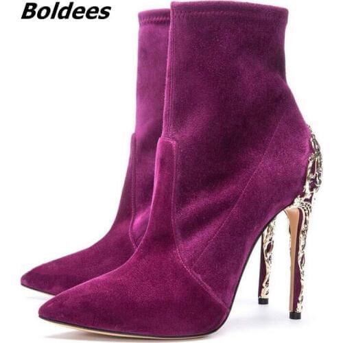 Irresistible Purple Suede Pointed Toe Stiletto Heel Short Boots Pretty Women Metal Branch Shape Thin High Heel Ankle Boots New