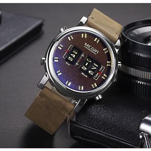 MEGIR 2019 New Fashion Mens Watches with Leather Strap Top Brand Luxury Sports Quartz Watch Men Relogio Masculino WristWatches