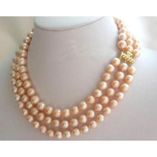 Charming 3row AAA 9-10mm round pink pearl necklace 17"-19" yellow CLASP