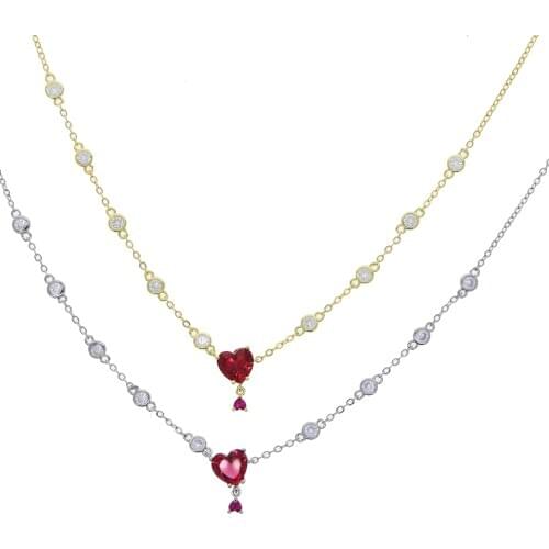 New Romantic Red CZ Heart Charm Necklace For Women Girl Clear AAA+ Cubic Zirconia Paved Crystal Heart Drop Jewelry Birthday Gift
