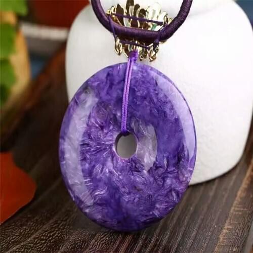 Genuine Natural Purple Charoite Crystal Round Shape Stone Bead Bless Women Pendant 53x9mm AAAA