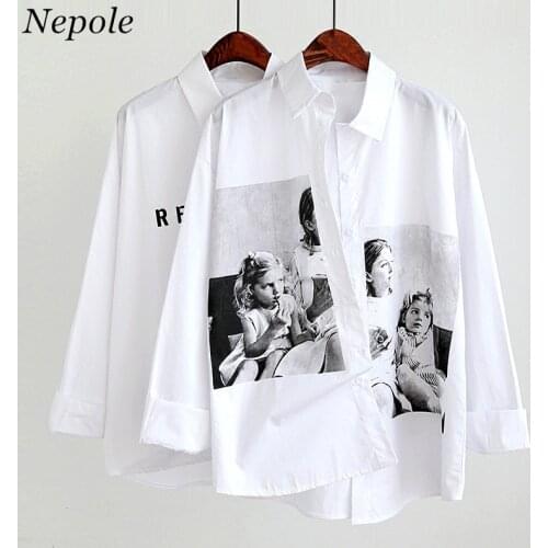 Neploe Characters Print Casual Loose Shirt 2021 Spring Summer Solid Turn Down Collar White Blouse Harajuku Korean Blusa 69669