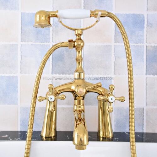 Bathtub Faucet Golden Deck Mounted Tub Mixer Faucet Dual Handle Hot and Cold Water Tap Telephone Style + hand shower Ntf777