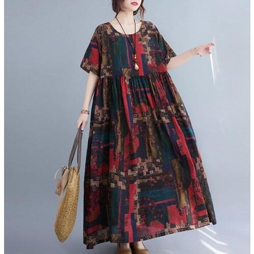 Print Floral Vintage Dress 2021 New Arrival Loose Summer Dress Thin Soft Cotton Linen Holiday Beach Style Women Casual Dress