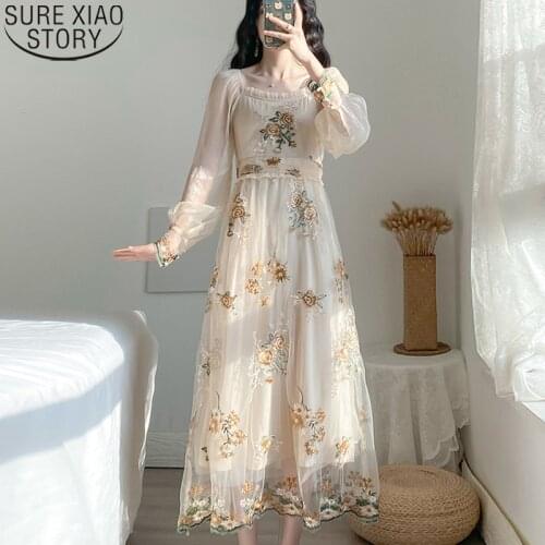 Vintage Long Sleeve Dress French Floral Embroidery Dresses Sweet Mesh Dresses Lantern Sleeve High Waist Long Dress Vestido 10120