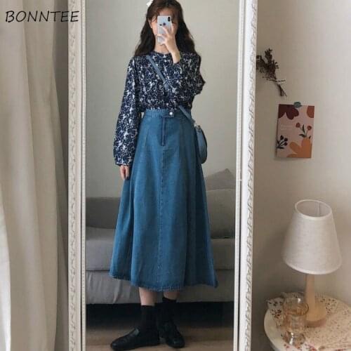 Women Sets Autumn Print O-neck Single Breasted Shirts Denim A-line High Waist Button Fly High Waist Skirts Korean Teens Sweet