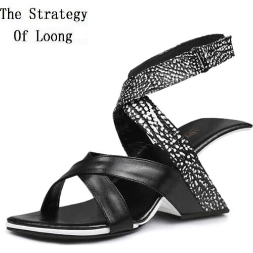 Summer New Sexy Wedges Strange Heels Cross Strap Peep Toe Cut Out Genuine Leather Women Fashion Gladiator Sandals 20210603