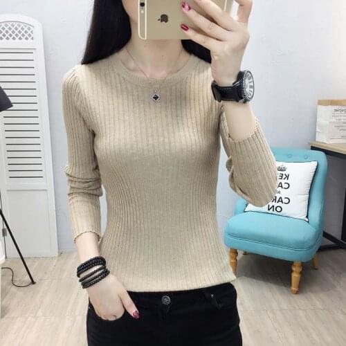 Spring And Autumn Womens Tops Round Neck Pure Color Striped Knit Sweater Slim Fit Simple Pullover Womens Clothing Knitted Top