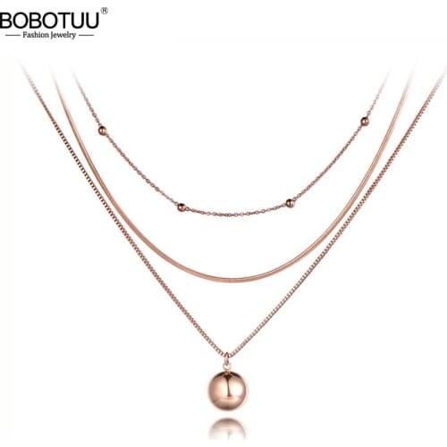 BOBOTUU Bohemia Titanium Stainless Steel Three-layer Round Ball Choker Necklaces Jewelry Pendant Chain Jewelry For Women BN19081