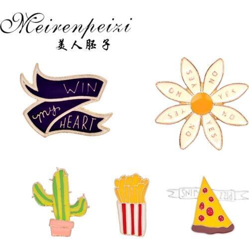 Fashion Enamel Pin 5pcs Flower Cactus French Fries Pizza Win Scarf Brooches Women Badges Clothes Pins Kids' Satchel