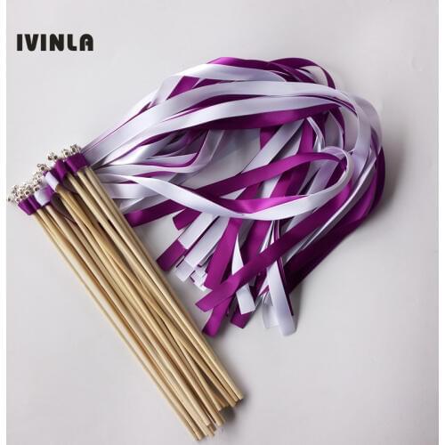 50pcs/lot white and purple wedding ribbon wands with sliver bell for wedding decoration